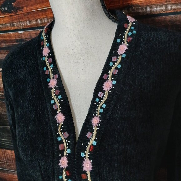 NWT Hearts Of Palm Cardigan Sweater XL Black Chenille Beaded Embroidered - Picture 3 of 10